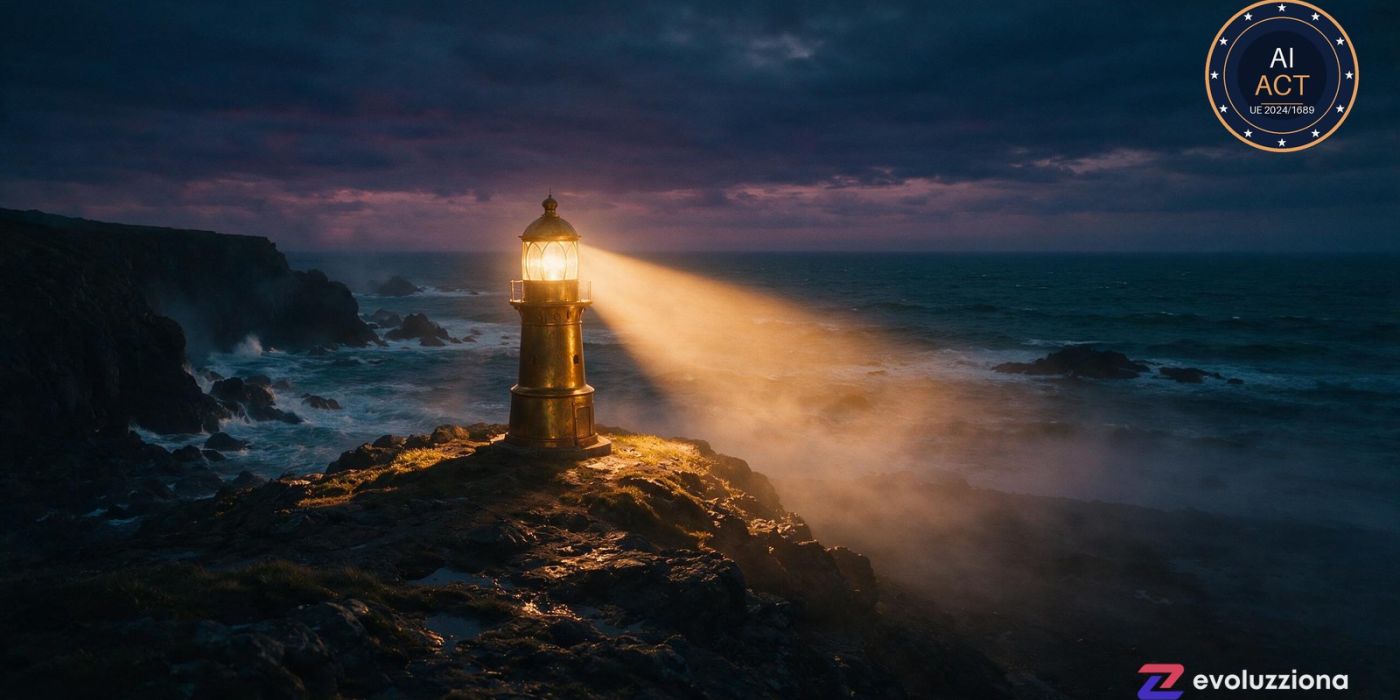 Faro de latón barriendo con su haz ámbar una costa navy al anochecer